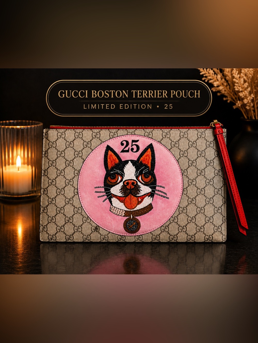 ✨✨✨ Limited Edition Gucci Bosco Boston Terrier GG Supreme Clutch ✨✨✨